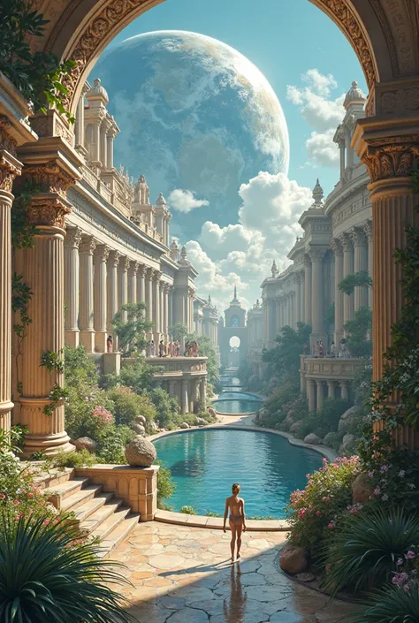 Celestial city with Greece-style walls with vegetation and people and water in the background you can see the giant planet Earth 