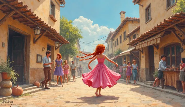 Create a setting of a rustic city, with happy people and a red-haired girl, with very long braids, in a pink dress and very happy dancing in the city center. The illustration seems to be taken from a cartoon with striking outline lines that appear to be ma...