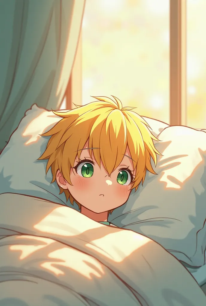 Yellow-haired, green-eyed boy lying on a bed reflecting anime style