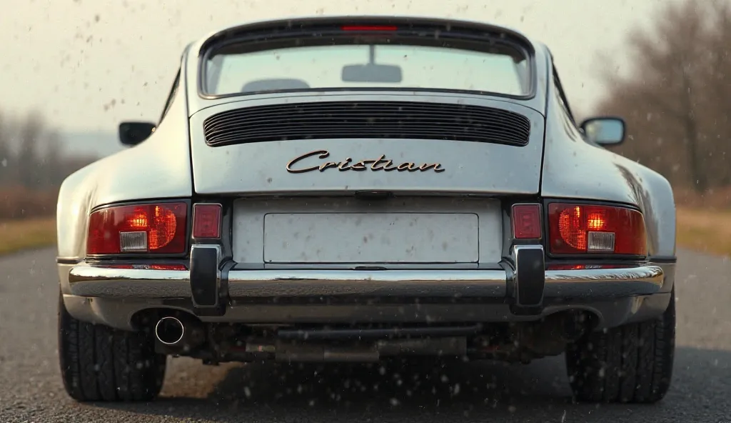 Create a hyper-realistic image of a 1998 turbo car from a rear angle, showcasing the back of the vehicle. The car has a vintage design with rounded tail lights, a chrome bumper, and a metallic silver paint. The name 'Cristian' is displayed in small, subtle...