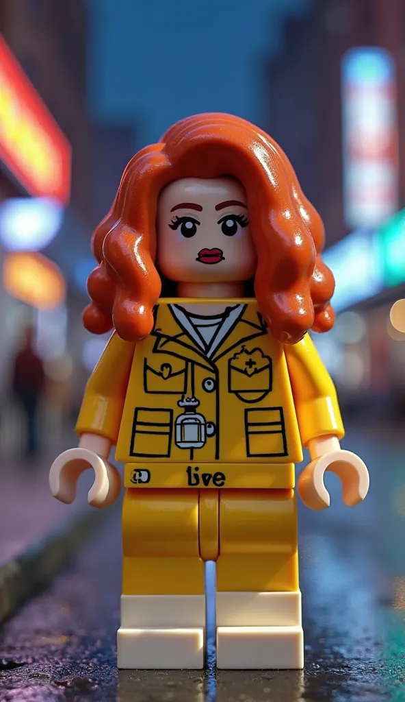 Crie uma LEGO minifigure da April O'Neil, the Ninja Turtles ally reporter.

she must have red hair , fair skin, light beige and long head and arms, wearing her iconic yellow jumpsuit with white boots. Include a microphone in one hand.

The setting must rep...