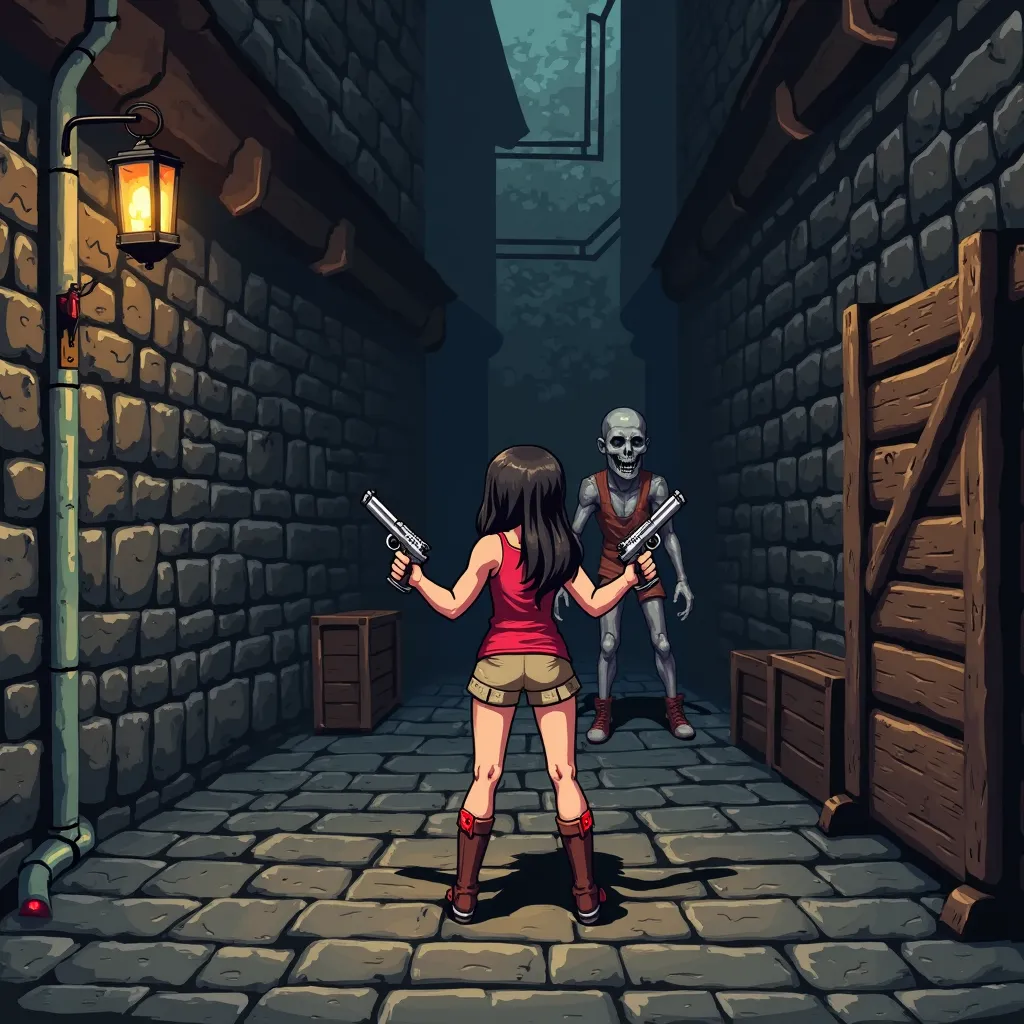 Create a third-person, pixel art-style scene of a dark, medieval alleyway, rendered in a retro video game aesthetic. The ground is paved with a cobblestone pattern in shades of gray and black, illuminated by faint, eerie light casting long shadows. On the ...