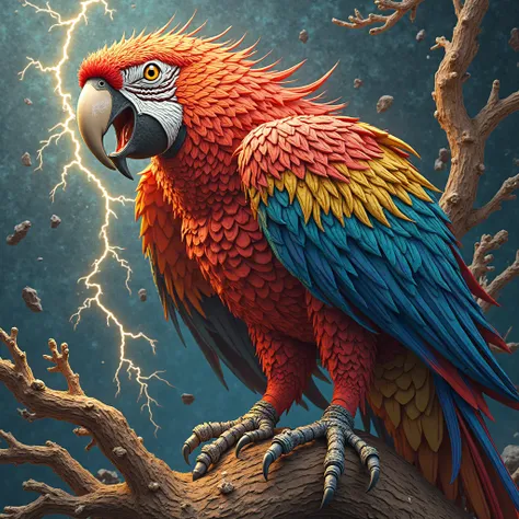 NFT colorful 3d woodcut Wild Macaw
 Angry giant shooting lightning through the mouth flashy