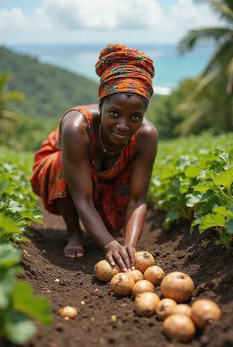 Martinican woman harvesting yams in her garden in Martinique 