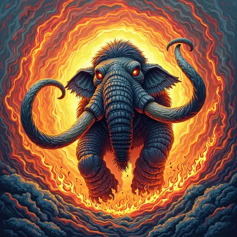 NFT 3D woodcut colorful giant horned mammoth catching flashy fire