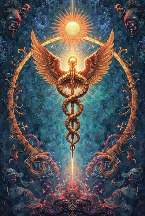 a caduceus, a sun and a moon all of them inside a circle, symbolism, psychedelic, surrealistic, space, magic