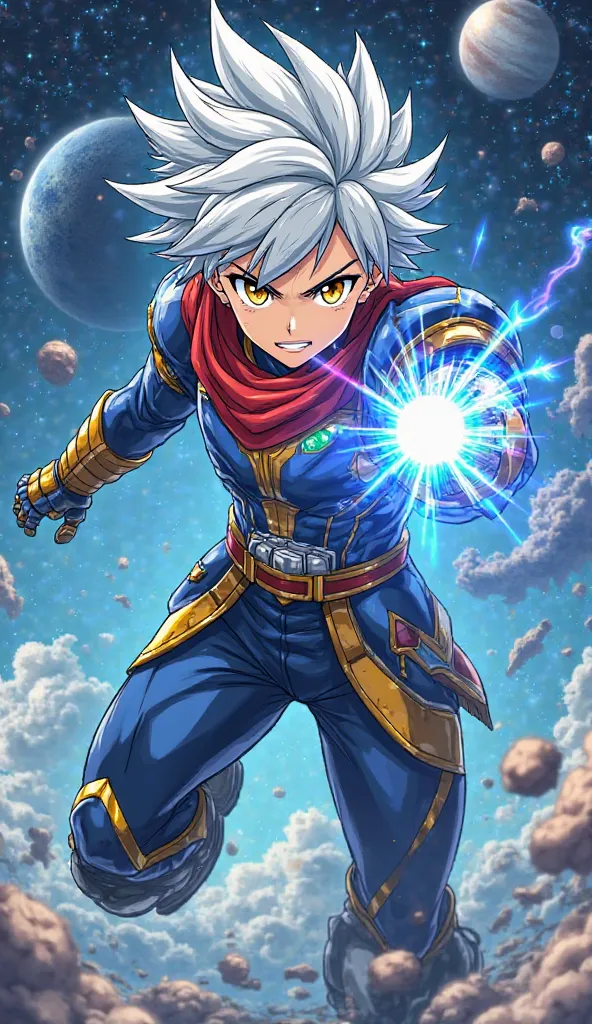 "Create an anime character called Kael, a young warrior with spiky silver hair and shining golden eyes. He wears a blue and gold futuristic combat suit, with a red bandana on his arm. His aura is a mix of blue and gold cosmic energy, and he is in a combat ...