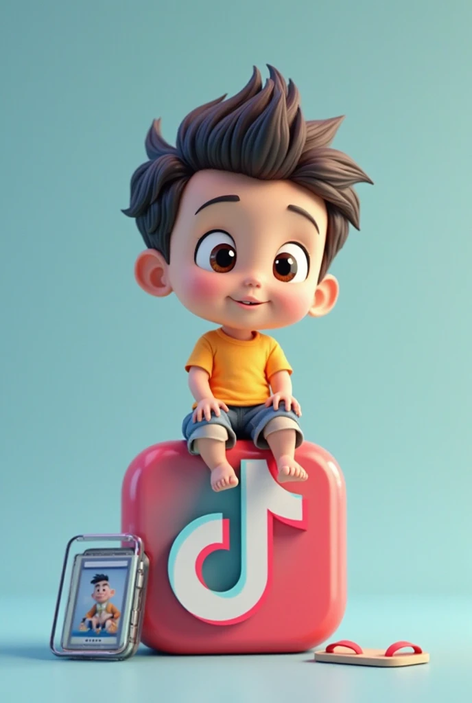 Create a 3D illustration of an animated character with 2Years old baby boy sitting casually on top of a media logo TIKTOK. The character 2Years old baby boy with must wear a Short sleeve shirt and pant, with Flip flops. To the baby boy's left, there is a s...