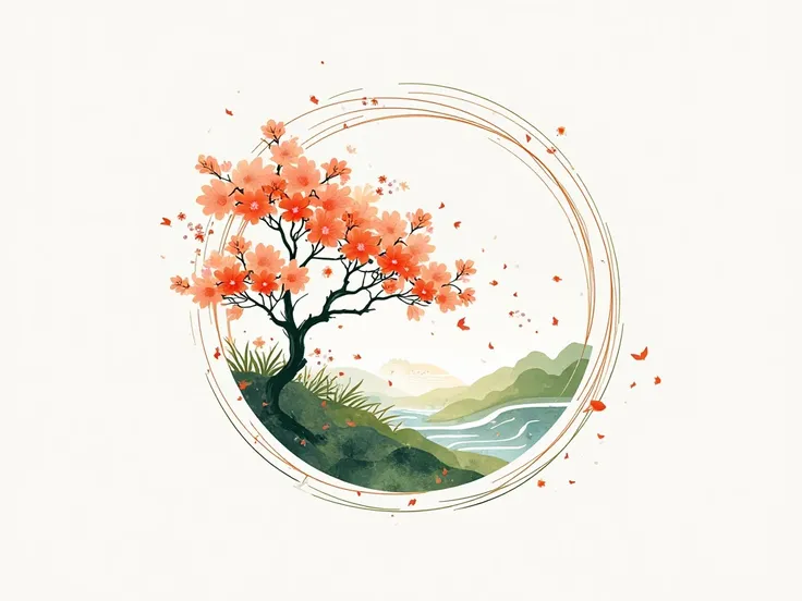 Bauhaus art style surrounded by flowing geometric lines to depict a peaceful spring scene with、Depict a peaceful spring scene with orange cherry blossoms blooming, Use the.

 on white background 、drawn with simple watercolor lines、

stylish and cool logo f...