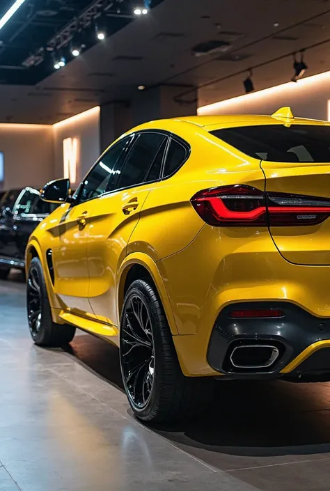 2025 (bmw x6) in (yellow  )colour standing in showroom The back  View