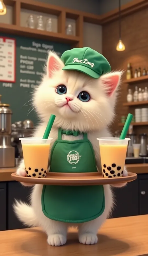 A fluffy cream-colored kitten stands on a café counter, dressed as a barista. It wears a green apron and matching cap with the "Phuc Long" tea brand logo. The kitten holds a tray with two bubble tea drinks, each with a large green straw. The café setting i...