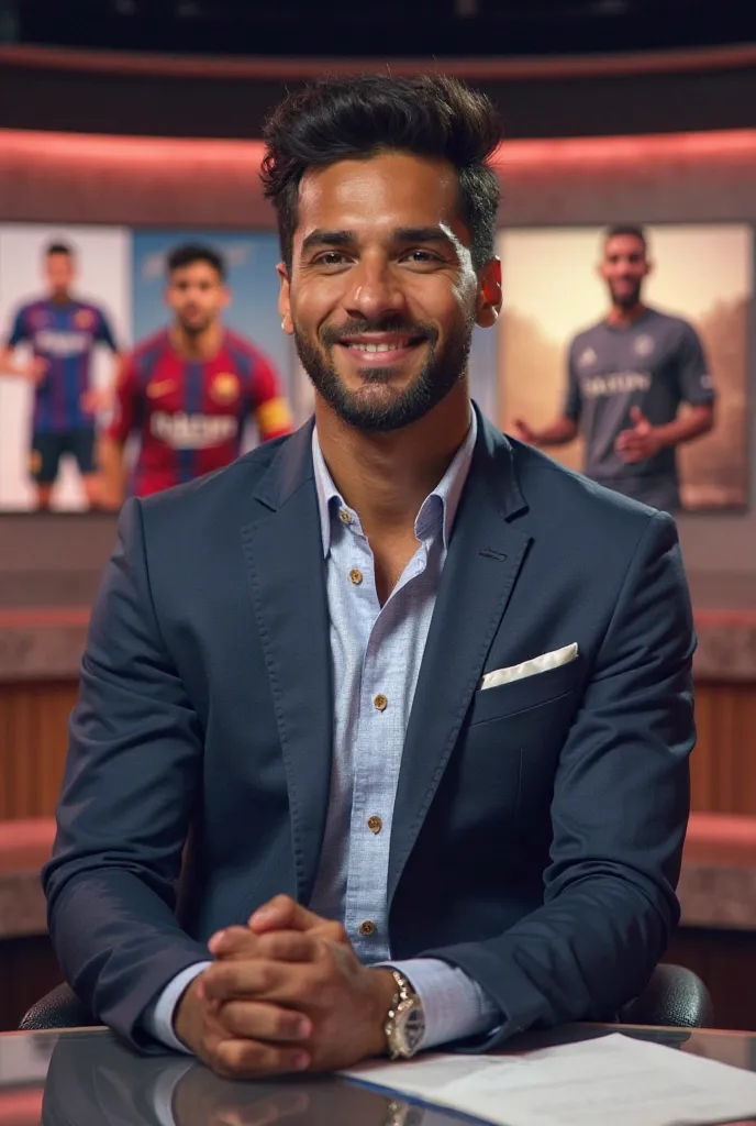 a football reporter sitting at the set. The set is beautiful with photos of biggest players of world around a set. The photos around gotta be the Messi's photo, CR7, kylian Mbappe, Eirling Haalande. The photos in the background gotta be more realistic. A f...