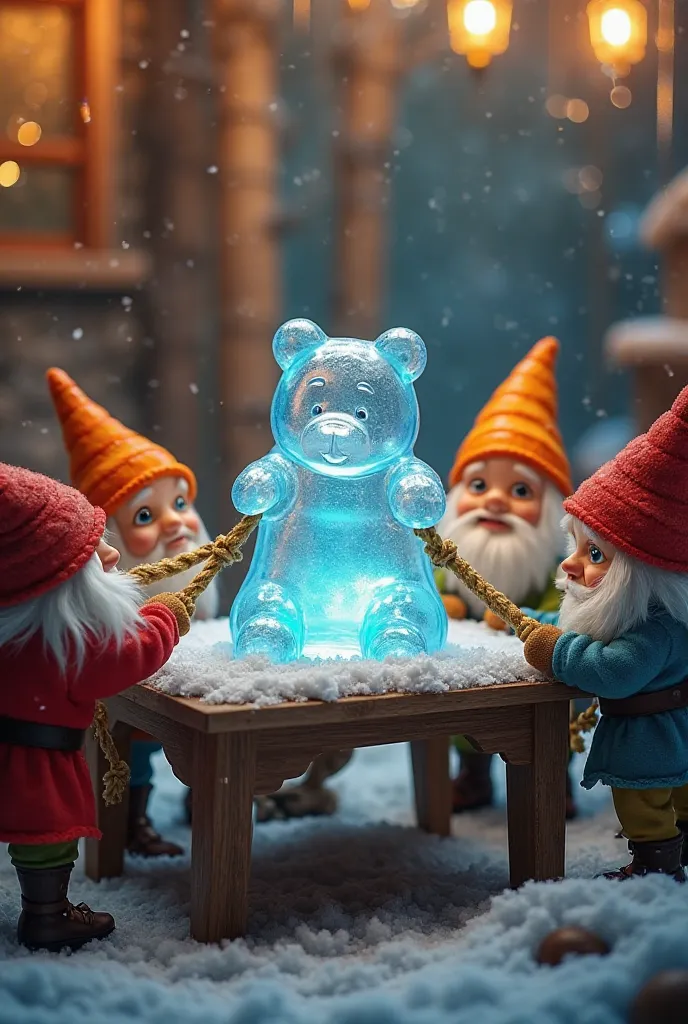 The location : A simple table in a fun environment.

Focus : an ice cube in the shape of a bear placed in the middle of the table.

 Details : A group of small dwarves (About 4-5) wearing colorful and practical clothes, standing near the cube and trying to...