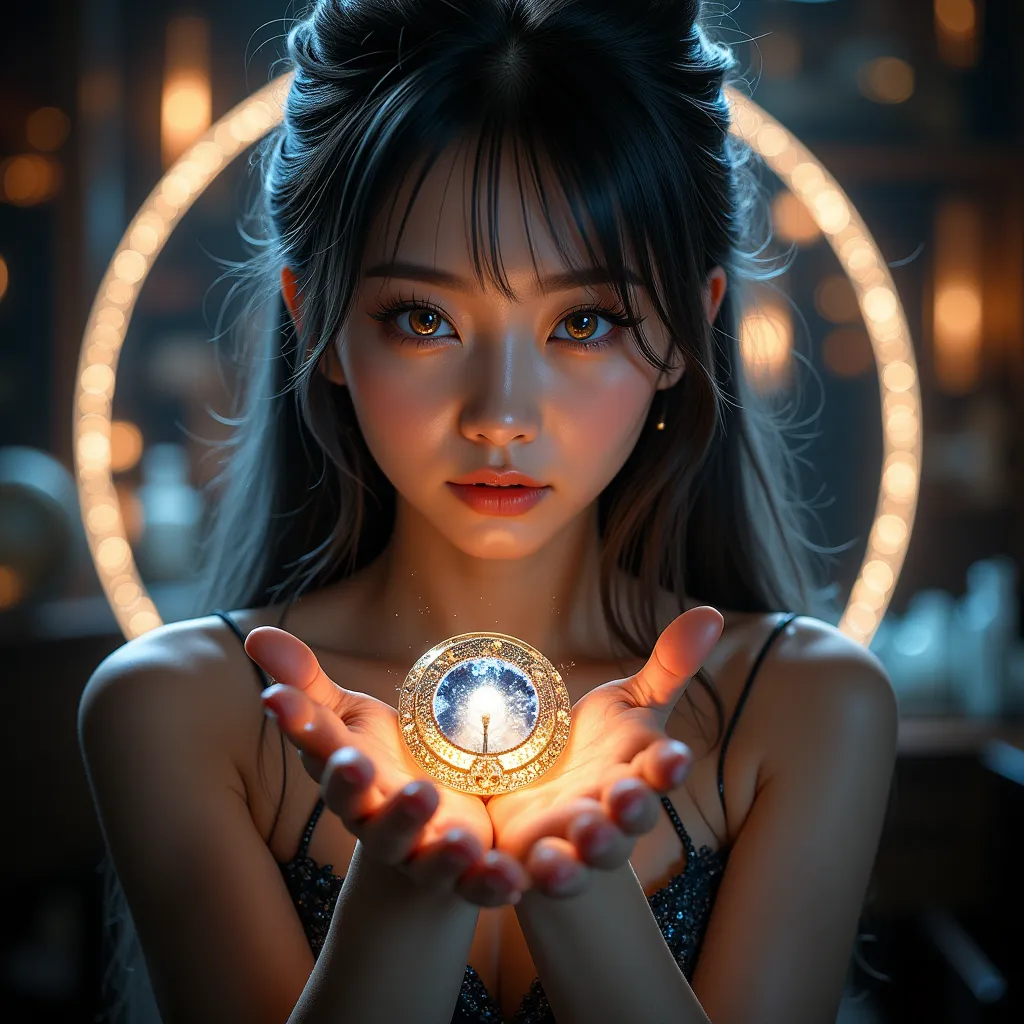 1 girl、Sexy Pretty Alchemist、holding super huge dragon eye jewels in the palm of your hands、her eyes transformed into dragon eyes、huge tits、Super see-through dress、Ultra-detailed、realistic、Original photo、Hi-Res、masterpiece、8k、Vivid Colors、Bokeh、Alchemist&#...