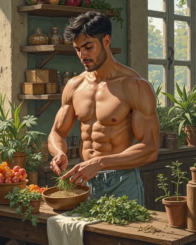 in jc leyendecker and paul cadmus art style, "the healer", fullbody, a young latino man standing grindering same herbs , calm gentletly smiling, soft colors, with a confident look, shirtless, pantless, smiling, sexy gaze, perfect anatomy, the merchant, she...