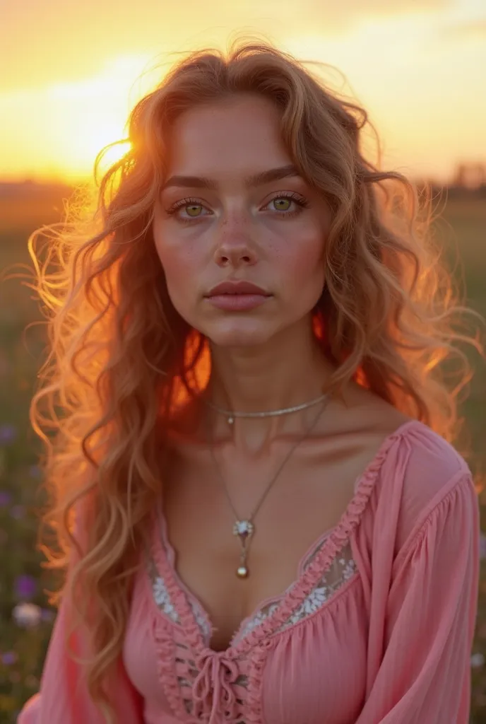 A portrait image of a age adult looking girl whit a round shaped face,green eyes and small round nose,long curly fluffy pink brownish hair,sun ksied skin and wearing a pink flowy vintage shirt on a sunset lighting in the style of bowater