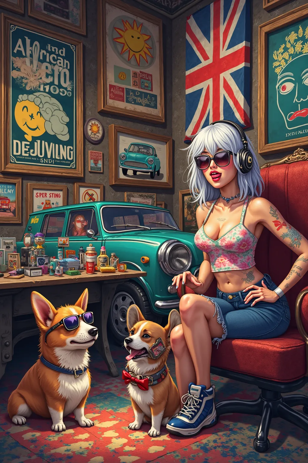  orange gradient background 、 There are lots of old American car posters and smiley posters on the wall in the old rusted art studio 、Rasta Colored Old Mini Cooper Van、 Flashy, Hardline , And a picture of a flower fairy that's cool on the body 、
  stick ou...