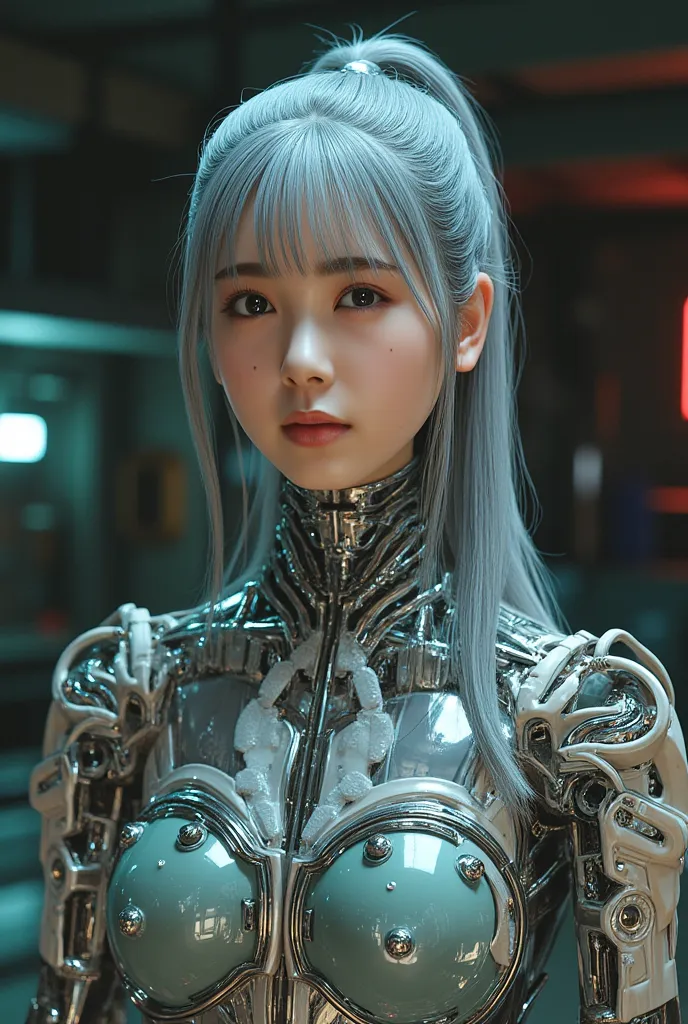 Android girl, Highest quality, masterpiece, ultra-high resolution, photo realistic, raw photo, 1 cyberpunk girl, cowboy shot, glossy skin, 1 mechanical girl, super realistic details, (mechanical limbs, tubes connected to mechanical parts, mechanical verteb...