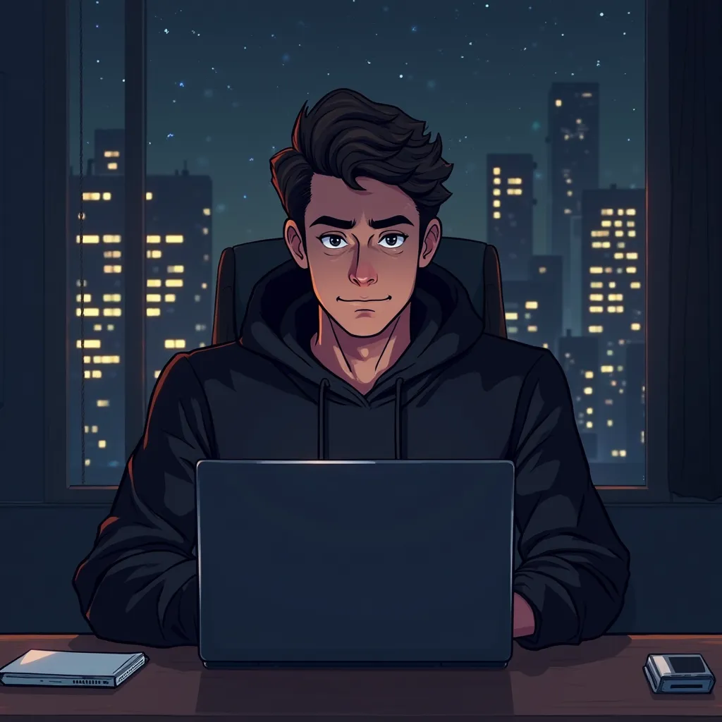 ANIME PIXEL ART STYLE FRIENDLY LOOKING MALE BUSINESS CHARACTER WHO IS WEARING  A BLACK HOODIE. HE IS SITTING BEHIND HIS LAPTOP IN HIS OFFICE, ARMS ON HIS DESK. IT IS NIGHT. THE ROOM HAS VOLUMETRIC
LIGHTING. HE IS FRONT FACING TO THE CAMERA, LOOKING STRAICH...