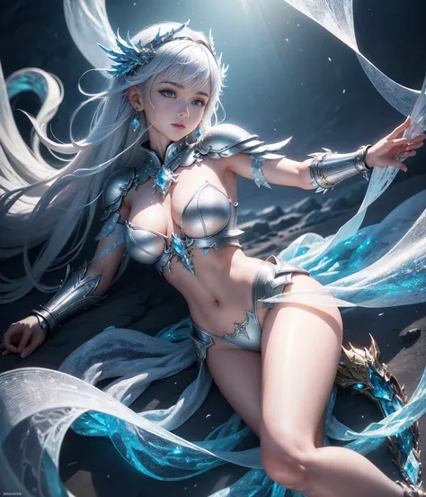  all feet and breasts wrapped in silver glass armor and ice , girl, cute crop top ( medium bust: 1.8), narrow waist, slanderous legs, perfect proportions, animated nipples . The enchanted fantasy land drawn is icy , with flying pieces of ice floating in th...