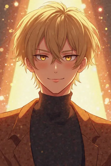  young , man,  straight blond hair,  light brown eyes, light skin tone, confident smile, rays around, anime style