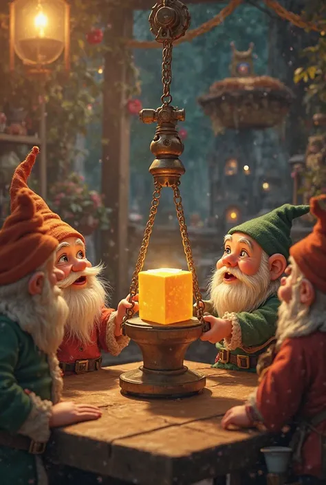 The location : At the same table or in a small work environment.

Focus : the dwarves lift the cube using a small crane.

 Details : The dwarves lift the cube carefully using a very small lever or drawer. some of them hold the ropes and others guide the cu...