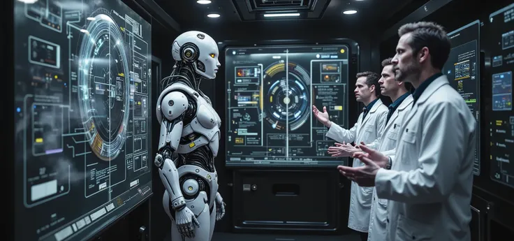 Scientists explain to Forrest Gump, an android with a body full of white parts and circuits and a human face by Tom Hanks, the operation of time travel, with holographic screens, 8K, Very detailed realistic image.