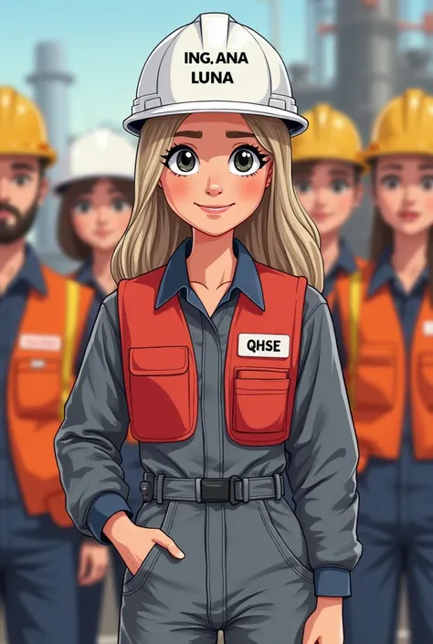 36 year old woman in a cartoon of 1. 55cm tall 63 kg,  long ash-blond hair, black eyes with white helmet with arial letters that say Ing. Ana luna, and gray jumpsuit long sleeve on the right side of the chest that says in arial QHSE over a red vest in an o...