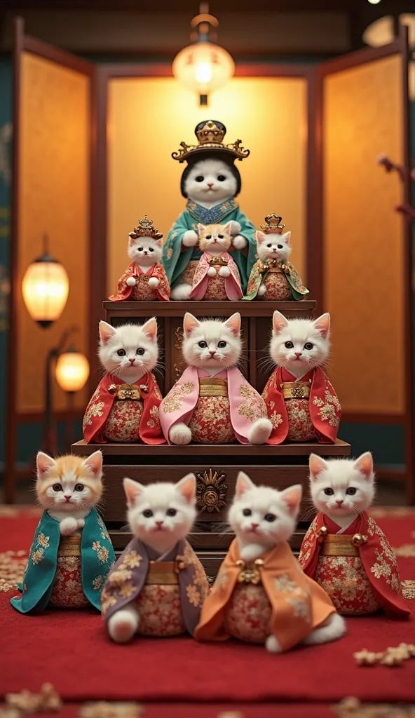 A traditional Japanese Hina Matsuri (Doll Festival) display recreated with adorable kittens. The kittens are dressed in elegant, colorful kimono, representing the Emperor and Empress at the top, with three court ladies, five musicians, and other attendants...