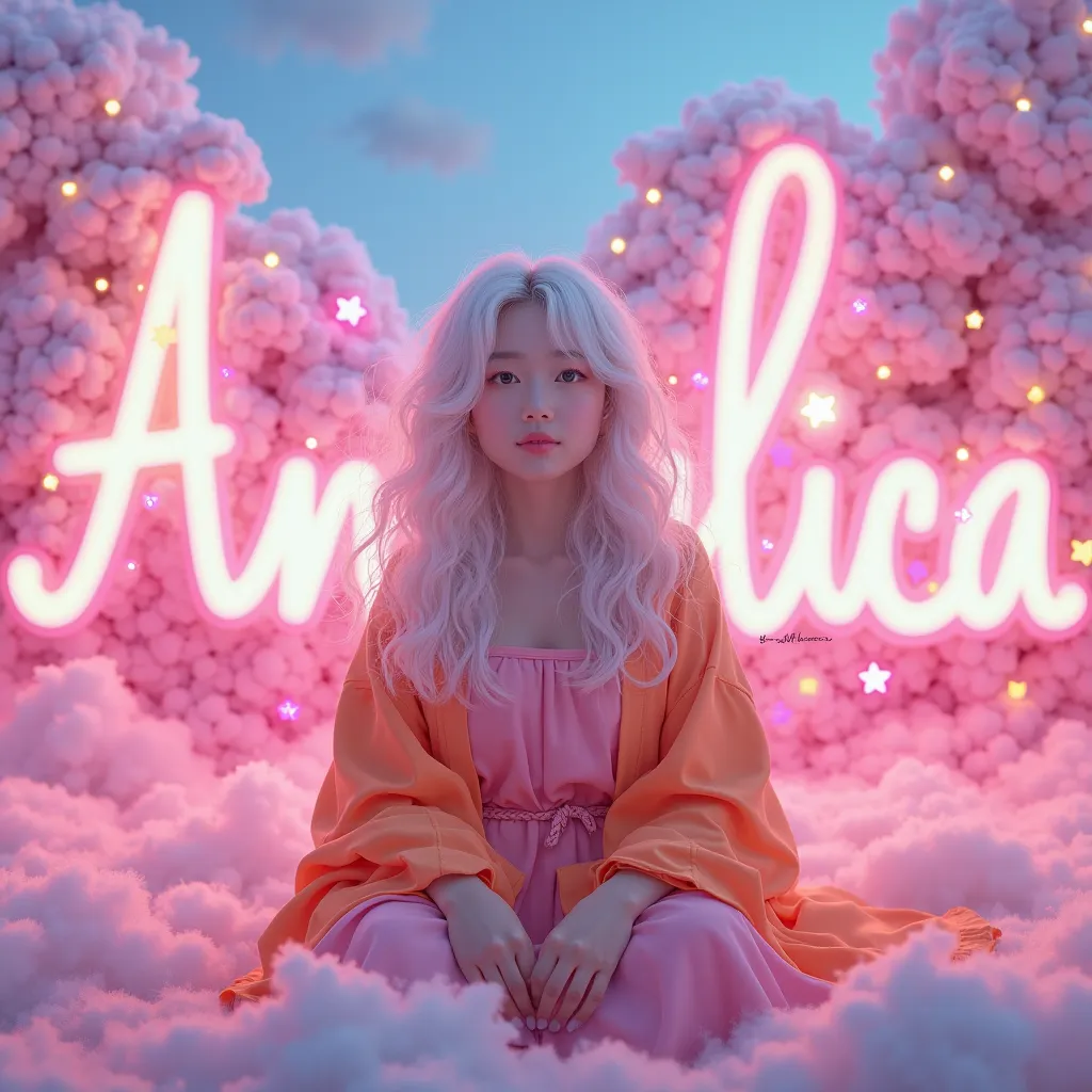 (A photo of a beautiful Korean girl  with   white curly long  hair .she is looking front of the large name "Calysta". She is dressed in a orange top and pink palda . She is seated behind of a large, vibrant 3D render of the name "angelica" written in a cut...