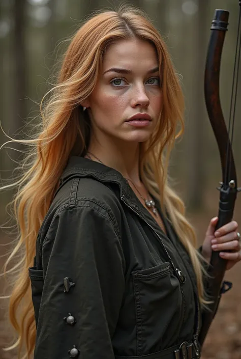 Make a blonde woman with long hair , With spy clothes, On the right side is a brown-haired brunette woman with a bow and hunting clothes and on the left side a very beautiful red-haired and tanned woman