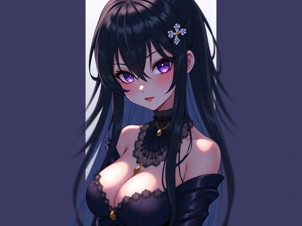 1 girl, Hi-Res, long hair,  black hair, purple eyes, Inner Color Blue,big breasts, contemptuous eyes, anime style, illustration, Gothic Lolita, gal,