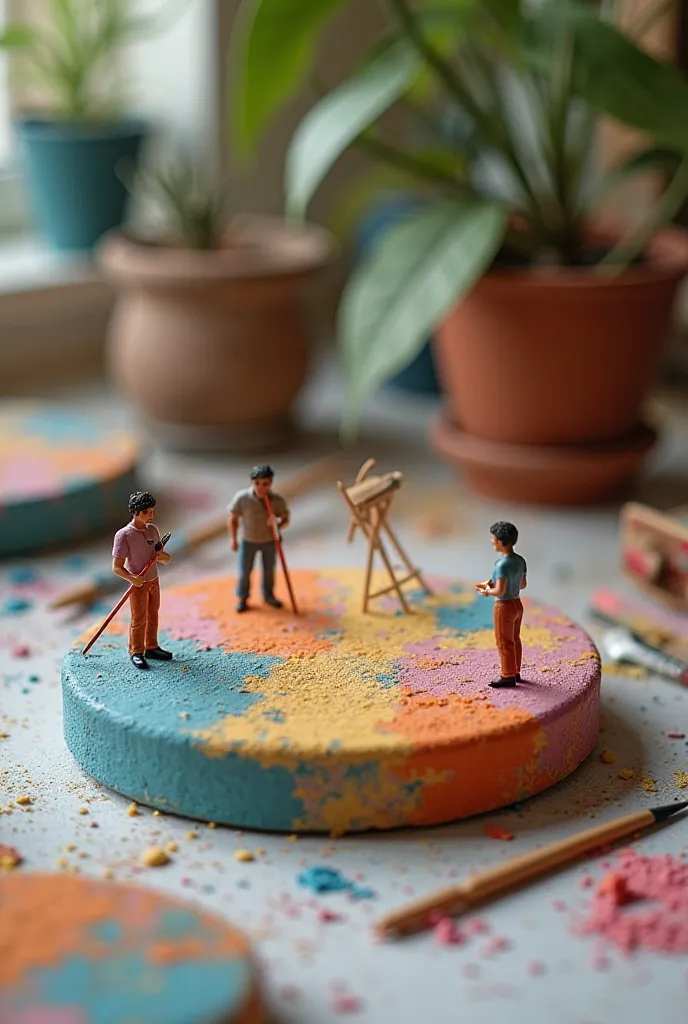 Tiny artist figures painting a large concrete coaster decor piece with elegant colors. One is using a large brush, another is mixing paint, and a third is observing with admiration. The scene is colorful and artistic, with a creative studio ambiance.”