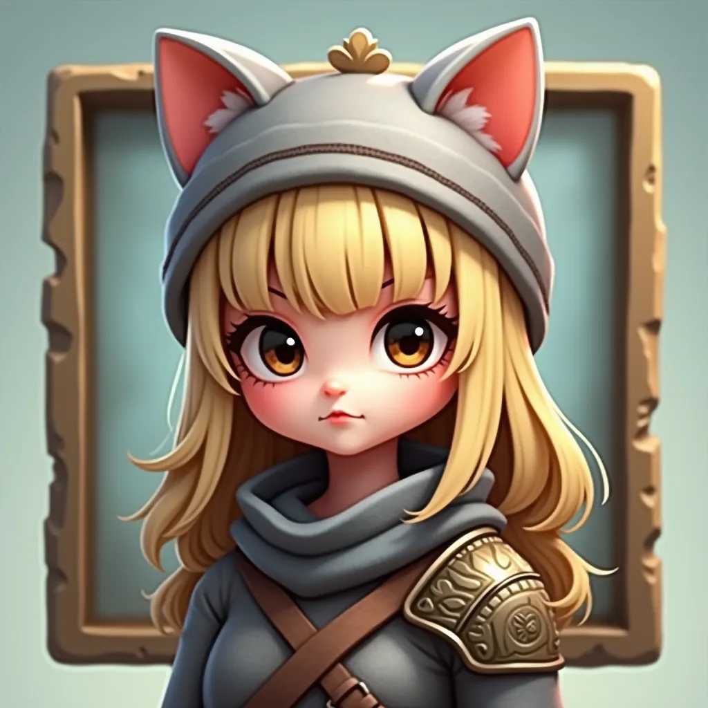 Game  Avatarı olarak kullanmak için 3D Art tarzında bir profil fotoğrafı. girl, blonde hair with blunt bangs, a sweet but fearless warrior, has a cat hat, fancy. a bit scary. Brown eyes. Game : Whiteout Survival