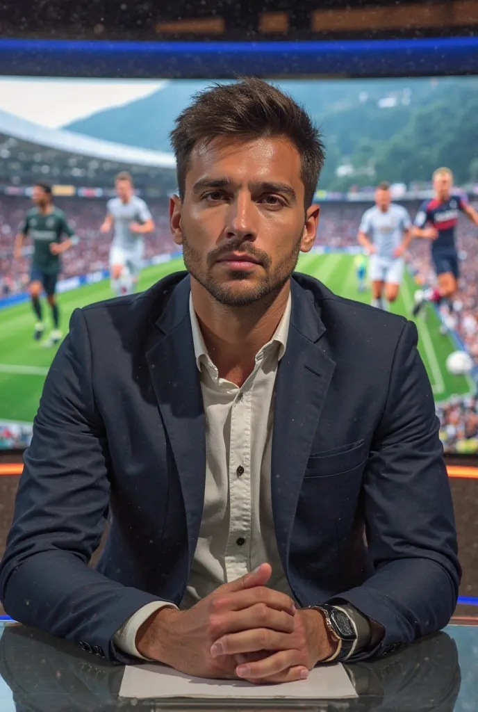 A photo of a football reporter sitting at a set. The set has photos of the biggest football players in the world, including Messi, CR7, Kylian Mbappe, and Erling Haaland. The background is a realistic setting with a stadium and a city. The football reporte...