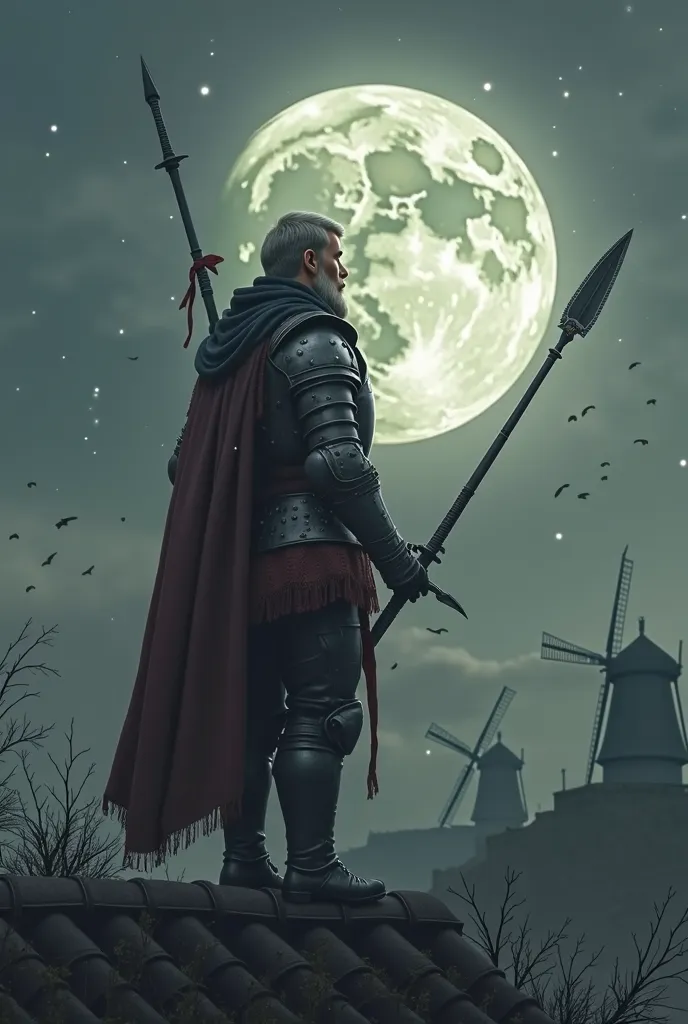 I want a man dressed in iron armor, his sword and spear, from the time of the birreynate, the man with a beaked beard and an elderly man on a roof looking at the moon and the moon in the background, he looks huge with his craters and very bright.,And in th...