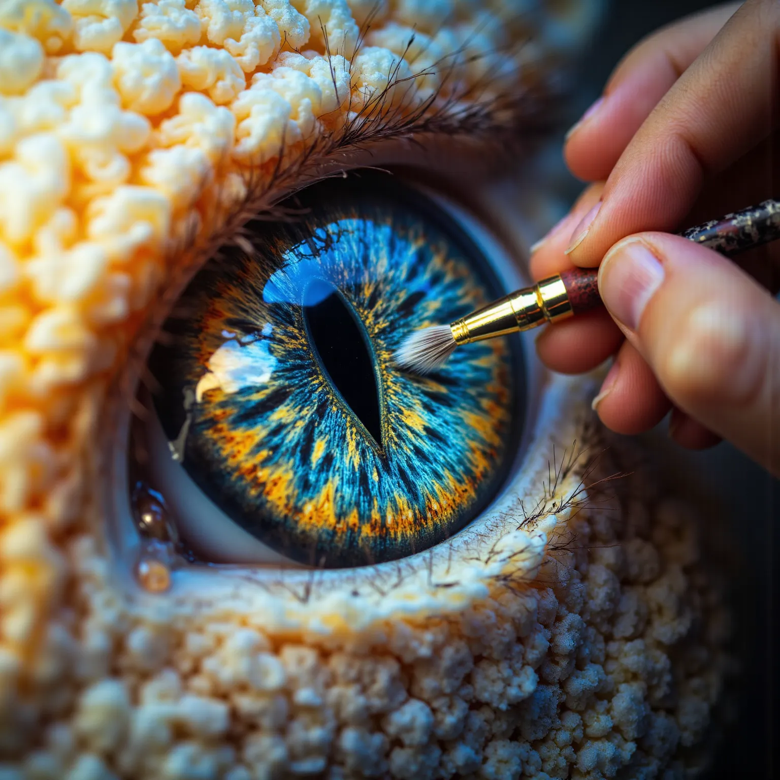 A highly detailed, high-definition macro photograph of a dragon's eye as seen under a microscope, with intricate textures and vibrant colors. The image captures the artist's hand holding a fine brush, carefully painting the dragon's eye with precision. The...