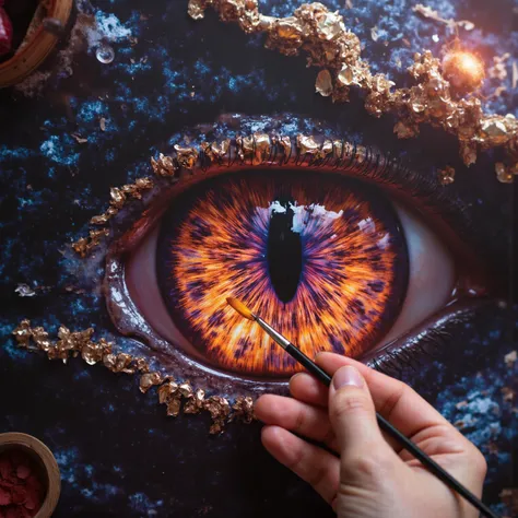 A highly detailed, high-definition macro photograph of a dragon's eye as seen under a microscope, with intricate textures and vibrant colors. The image captures the artist's hand holding a fine brush, carefully painting the dragon's eye with precision. The...