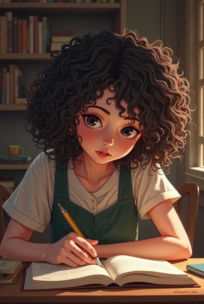 A curly haired girl studying