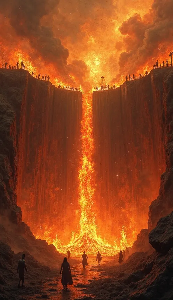 purgatory (Hellfire):

The picture shows a huge ditch or hell pit into which people are falling.
Flames of fire are blazing all around, and a terrible and terrifying scene is visible in the atmosphere.