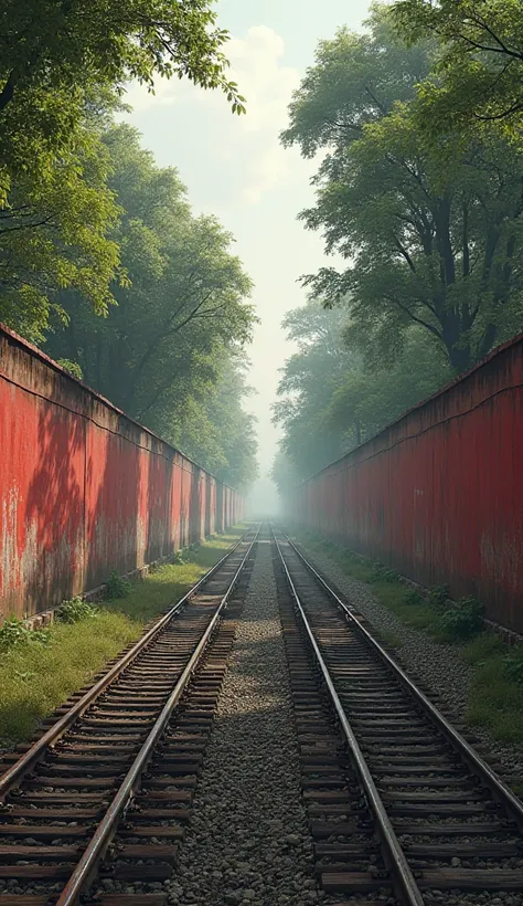 Generate the image of about 3 railway tracks with red walls and trees on 2 sides