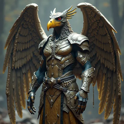 Create an extreme realistic photo better details how artificial intelligence can make a harpy for a character The Warrior, inspired by a muscular harpy. harpy must wear intricate metallic armor with a mix of silver and bronze tones, exhibiting a strong and...