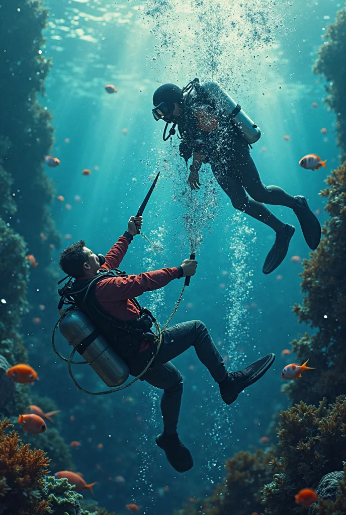 The diver tries to free the other diver who is trapped underwater in a fishing net, using a knife to cut the net