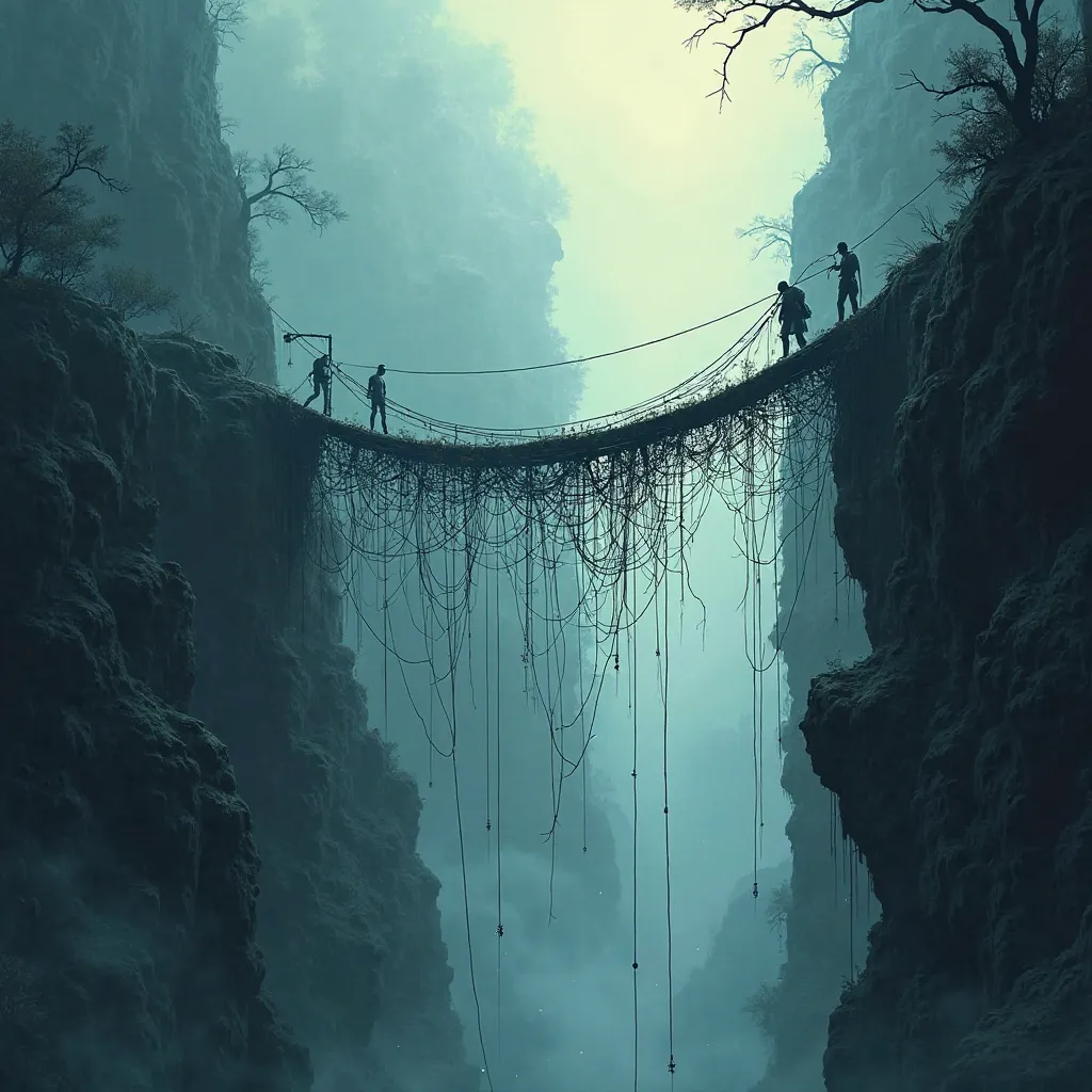 a precarious bridge made of cobwebs, stretching over a deep abyss, with a thick fog surrounding ." In comic book style 