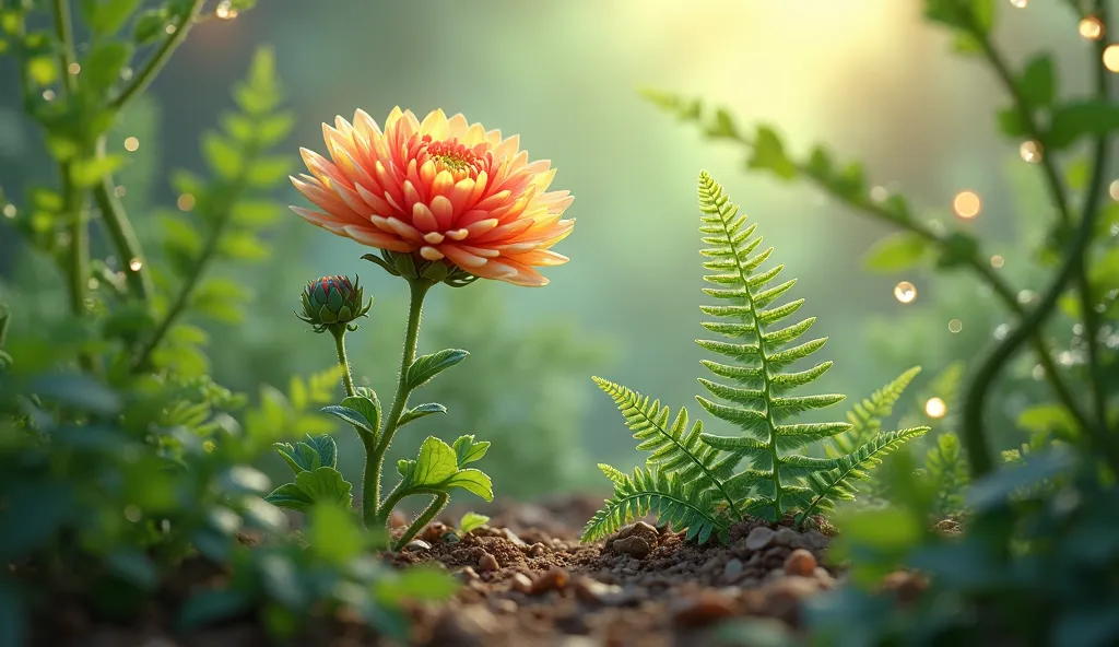 A FLOWER AND A FERN ARE WATCHING PLANTS GROW AROUND THEM