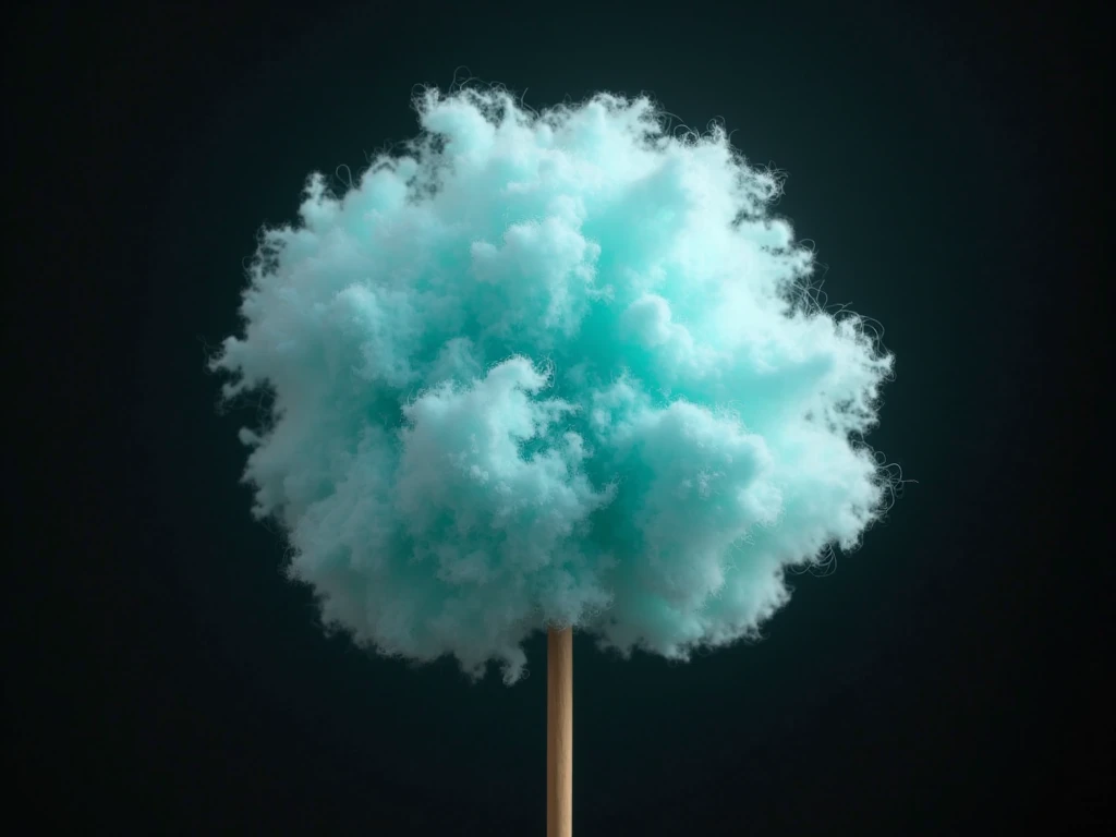 single fluffy cyan candyfloss on a stick, black backround, photorealistic