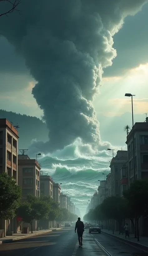 A modern city being hit by an apocalyptic storm: a gigantic tornado engulfs buildings, while giant waves invade the streets. Rays cut through the dark sky , trees are uprooted by the wind and people run trying to escape the destruction. In the background, ...