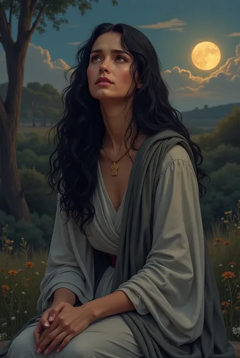 The illustration is a realistic scene of Mary Magdalene ( She has long wavy black hair, Almond-shaped brown eyes and wears a gray tunic with a fabric.on white hair, Colourless nails). in front of the sepulcher of Christ Jesus, In the garden she sits, cryin...