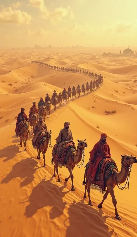 A caravan of traders crossing a golden desert, camels carrying goods, merchants wearing traditional Arab clothing, moving between distant desert cities.