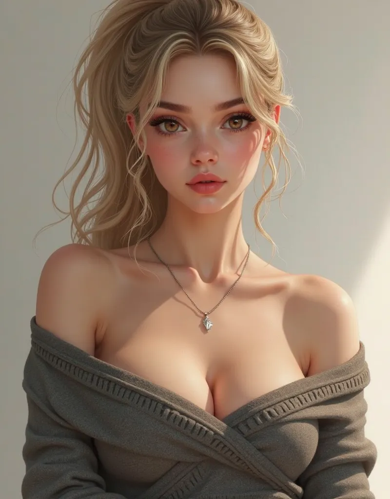 1girl, age19, Solo, Long hair, ponytail, 
Colossal tits, Looking at Viewer, blondehair, Bare shoulders, Brown eyes, hard nipples, jewely, Full body, a necklace, off shoulders, Sweaters, Realistic, A sexy full body